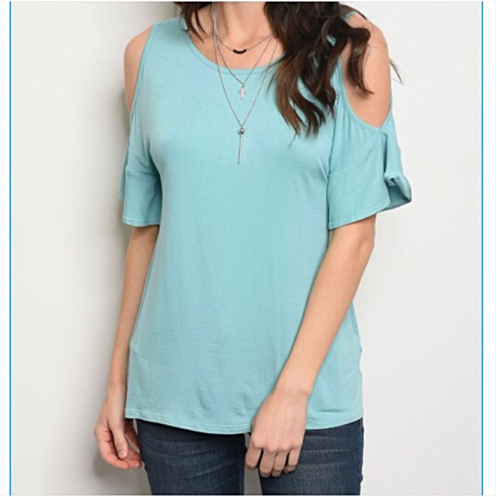 Chic Turquoise Cold Shoulder Ruffle Tee Small - Picture 3 of 6